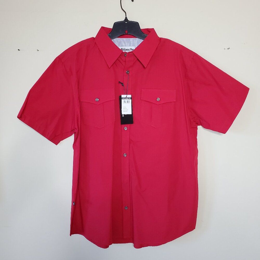 Ablanche Red Button Down Solid Short Sleeve Shirt SZ 2XL